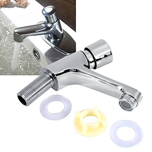 Atyhao Robinet d'évier de Salle de Bain, Robinet à Fermeture Automatique chromé à poignée Unique Robinet d'eau Froide lavabo de Salle de Bain Accessoires d'évier de cuisineRobinets de lavabo