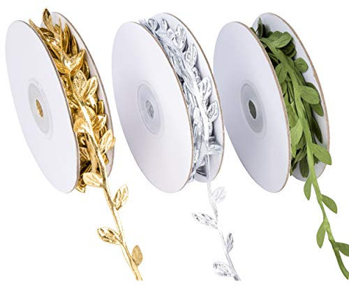 Künstliche Pflanzen Bänder Buchsgirlande Künstliche Blätter Blattband Künstliches Blatt Rebe für Hausgarten Hochzeit Party Dekoration 3 Rollen (Gold/Silber/Grün)