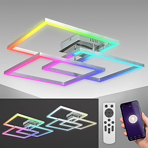 B.K.Licht - Smart Home LED Deckenlampe mit App- und Sprachsteuerung, einstellbar von warmweiß bis kaltweiß, buntes RGB Licht, Lampe, LED Deckenleuchte, Wohnzimmerlampe, 69,5x69,5x11,7 cm, Chrom-Alu