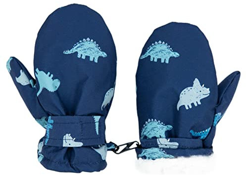 FORUHOO Kinder Handschuhe Wasserdicht mit Fleece Fäustlinge für Unisex Baby Winter(Kurz: Dinosaurier Marineblau,S)