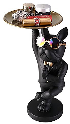 Vinbcorw Französische Bulldogge Figur mit tablett Edelstahl,Tischdekoration skulptur deko,schlüssel Schale Statue Kleinteile, Behälter, obstschale,Schlüsselbonbons Organizer,Schwarz,B