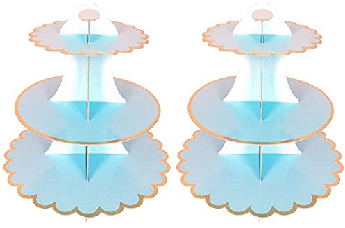 2 PACK Cardboard Cake Stand, 3 Tier Paper Dessert Round Cupcake Holder Tower Disposable Pastry Stand for Birthday, Afternoon Tea,Wedding Party Anniversary Christening Fruit Desserts Display(Blue)