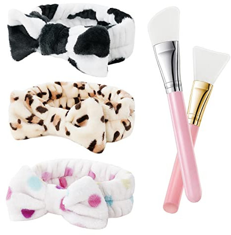 URAQT Makeup Haarband, 3 Stücke Damen Kosmetik Stirnband mit 2 Stücke Silikonpinsel, SPA Haarreif für Gesichtsreinigung Schönheit Yoga (A)