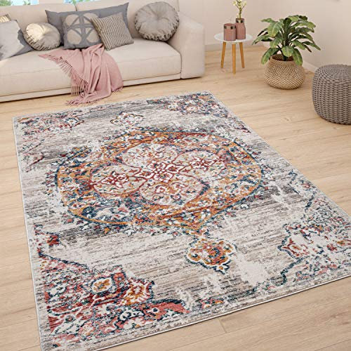 Paco Home Teppich Wohnzimmer Kurzflor Schlafzimmer Moderne Vintage Orient Ornament Muster Pastell Bordüre, Grösse:200 cm Rund, Farbe:Beige