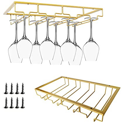 AZKEEGREY 2 Pack Hanging Wine Glass Rack Holder Under Cabinet, Metal Wine Glass Storage Hanger, Adjustable Hanging Stemware Rack, Wine Glass Organizer for Bar Kitchen Cabinet (Gold, 4 Rows)