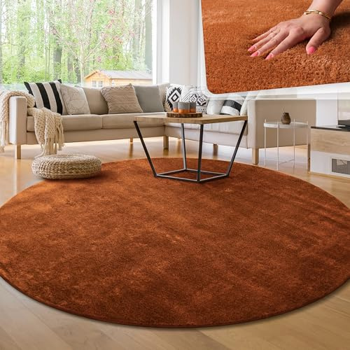 Paco Home Moderner Kuscheliger Wohnzimmer Teppich Kurzflor waschbar flauschig Weich Einfarbig Felloptik zeitlos stilvoll rutschfest pflegeleicht, Grösse:160 cm Rund, Farbe:Kupfer