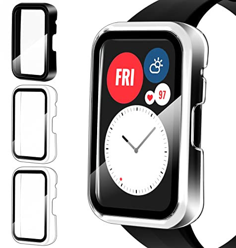 ivoler 3 Piezas Funda para Huawei Watch Fit/SE Special Edition/OPPO Watch Free con Protector de Pantalla de Cristal Templado, Protección Completa Anti-arañazos Carcasa, 2 Transparente + 1 Negro