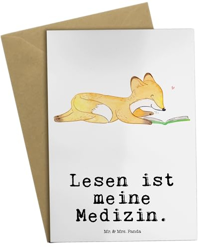 Mr. & Mrs. Panda Grußkarte Fuchs Lesen - Geschenk, Grußkarten, glückwunschkarten, Bücher, hochzeitskarten, einladungskarten, Bücherwurm, weihnachtskarten, babykarte