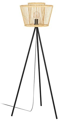 EGLO Stativ Stehleuchte Hykeham, Stehlampe aus Holz in Natur und Metall in Schwarz, Dreibein Standleuchte Boho, Bambus Lampe Wohnzimmer, Wohnzimmerlampe mit E27 Fassung