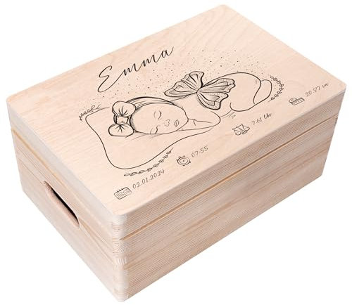 Creative Deco Erinnerungsbox Baby Holzkiste Personalisiert | 30 x 20 x 14 cm (+/-1cm) | Mädchen Motiv für Geburt & Taufe | Groß Natur Geschenk Spielzeugkiste Holzbox mit Deckel und Griffen Gravur