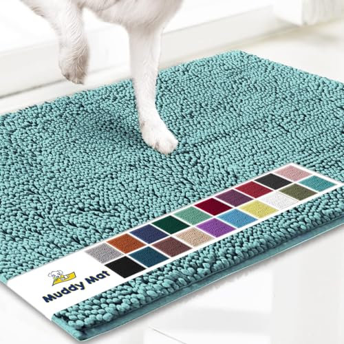 Muddy Mat® AS-SEEN-ON-TV Highly Absorbent Microfiber Door Mat and Pet Rug, Non Slip Thick Washable Area and Bath Mat Soft Chenille for Kitchen Bedroom Indoor and Outdoor - Seafoam Green Medium 30X19