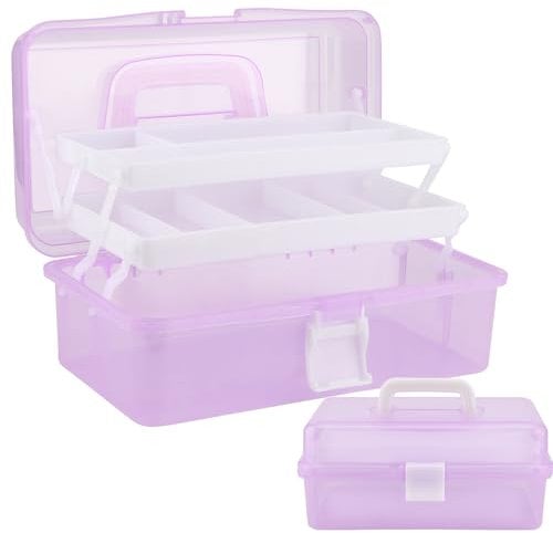 ZOENHOU 13 Inch 3 Layer Multipurpose Storage Box Organizer, Art and Craft Storage Box Case with Compartments and 2 Trays, Large Folding Tool Box for Sewing, Make Up, Family First Aid, Purple