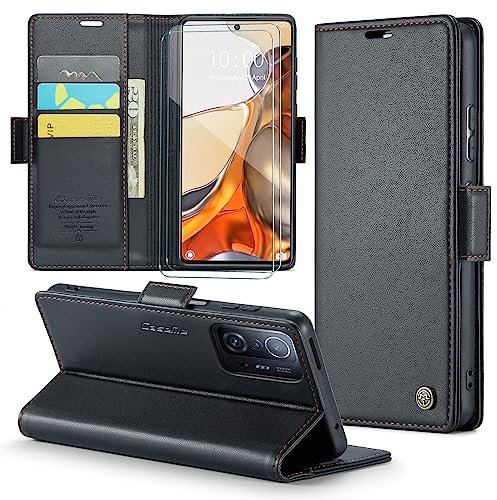 FERLAN Handyhülle für Xiaomi 11T/Xiaomi 11T Pro Hülle [Mit 2 Stück Panzer Schutz Glas] [Premium PU Leder] [RFID-Blockierung] [Kartenfach] Klapphülle für Xiaomi 11T/Xiaomi 11T Pro - Schwarz