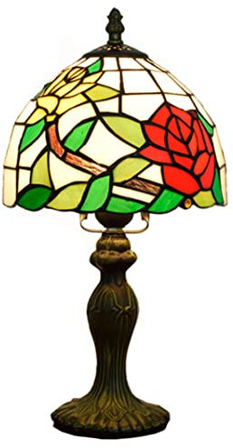 TPWEWRX 8in Klassische Tiffany Stil Nachttischlampe E27 Antike Glasmalerei Tischlampe Wohnzimmer Rote Rose Glas Lampenschirm Schlafzimmer Restaurant Retro Dekoration Tischleuchte