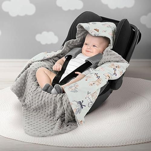 Joyz Einschlagdecke mit Kapuze, Zebra mit grauem Minky, 100% Baumwolle, 84x84 cm, Doppelseitig, Universal für Babyschale, Autositz, Kinderwagen oder Buggy, Kuscheldecke Ganzjahresdecke Babydecke Decke
