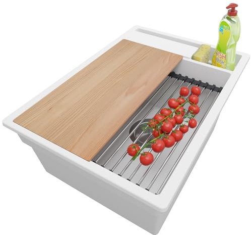 PRIMAGRAN Fregadero Cocina Blanco 38x53cm, Granito 1 Seno + Sifón + Accesorios, Sobre encimera al mueble 40cm - Oslo Pocket