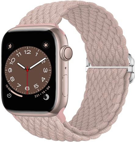 Nepfaivy Bracelet Tressé Compatible avec Apple Watch Bracelet 38mm 40mm 41mm Femme Homme, Bracelet en Nylon Elastique Sport Réglable pour watch SE/Ultra/Series 9/8/7/6/5/4/3/2/1 (S, Rose)