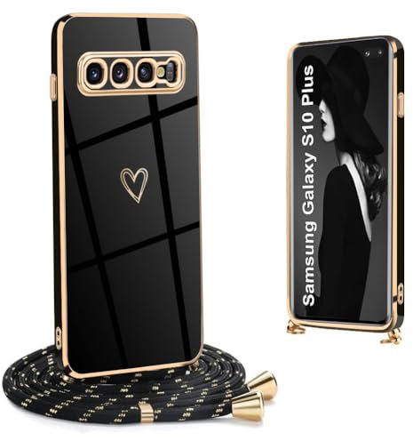 Funda con Cordón para Samsung Galaxy S10 Plus, Amorcorazón Patrón Galvanoplastia Carcasa Antigolpes TPU Suave Silicona Funda con Cuerda para Samsung Galaxy S10 Plus, Negro
