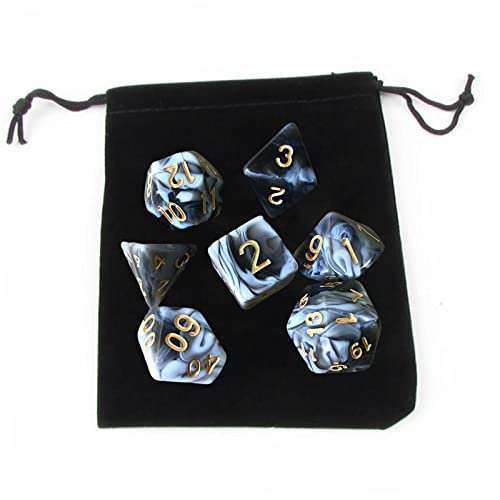 Fonowx Set of 7 Assorted Polyhedral Dice with Storage Bag for Tabletop Gaming, Black