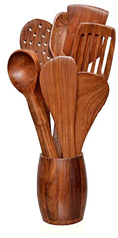 PR INTERNATIONAL Handmade Wooden Spoon Set for Cooking, Serving & Kitchen Utensils with Wooden Jar Holder for Kitchen | Set of Spoons