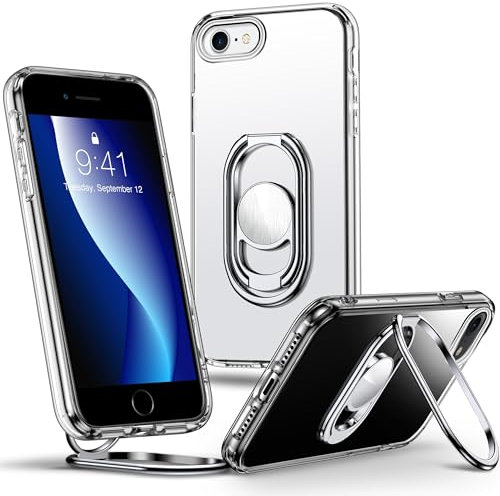SHIELDS UP for iPhone SE 3 2022/SE 2020 Case with Stand, Clear Phone Case with Double Ring Holder - Adjustable & Fodable