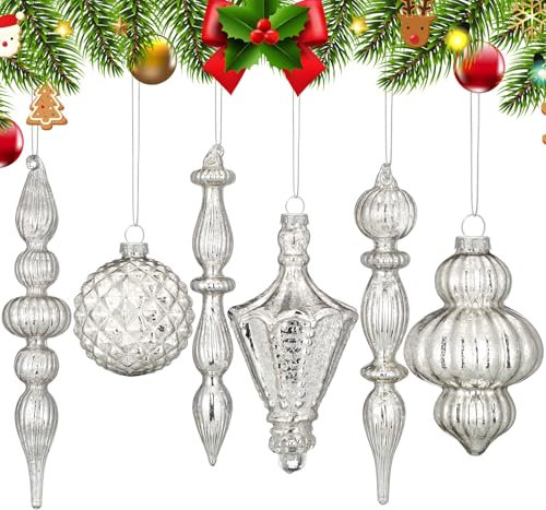 Colingmill Vintage Silber Weihnachten Quecksilber Glas Ornament Set 20 cm Endstück Ornamente 8,9 cm Hängende Weihnachtskugeln für Weihnachtsbaum Dekorationen Xmas Holiday Decor
