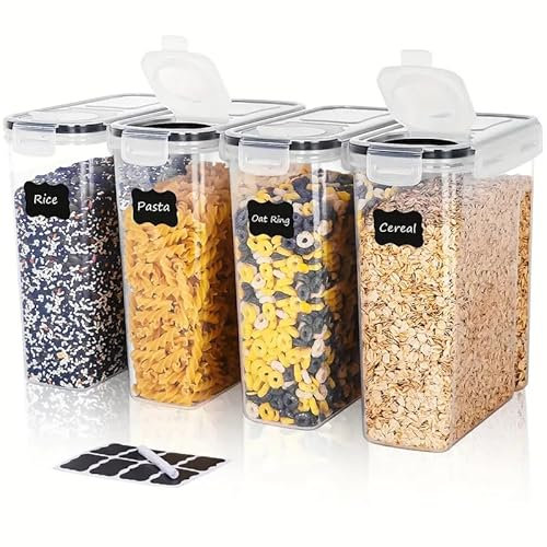 ZiaWorld 4Pcs Cereal Storage Containers with Airtight Lids, 4L Durable Food Grade Dispenser for Cornflakes, Flour Storage BPA-Free Plastic Food Storage Containers with Labels & 1 Marker