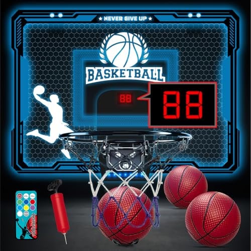 BuzzoXerex Panier de Basket Interieur, Mini Panier de Basket pour Chambre, Basketball Hoop avec Télécommandes, Lumières de 7 Couleurs, Tableau de Bord Électronique, 3 Ballons pour Enfants Age 6+