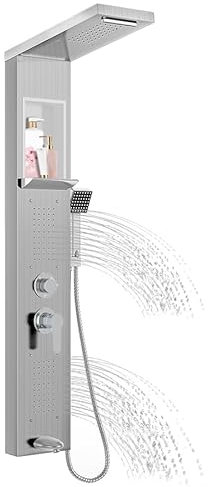 Aufun Duschpaneel aus Edelstahl mit Ablage und Armatur, 5 Funktionen Duschsäule Regen&Nebel, 4 Breitwinkel Verstellbare Massagedüsen, Handbrause und Wasserfall-Wanneneinlauf, Duscharmatur, Silber