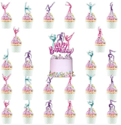 25 Stück Gymnastik Tortendeko, Gymnastik Cupcake Toppers, Glitter Turnen Mädchen Cake Toppers, Turner Kuchen Dekorationen, für Fitnessstudio, Turnerin Mädchen Thema Party, Geburtstagsparty