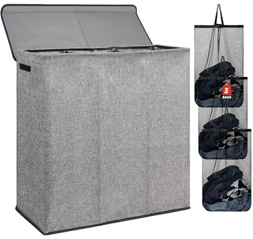 DOKEHOM 180L Laundry Basket with Removable Lid and Laundry Bags, Large Collapsible Laundry Hamper with 3 Sections for Bedroom, Bathroom, Laundry Room, Colloge (Grey)