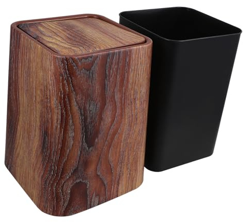 MAGICLULU Retro Wood Grain Flip Lid Trash Can Medium, Double-layer Square Waste Basket, Office and Bedroom Garbage Container, Bathroom Decor Waste Bin