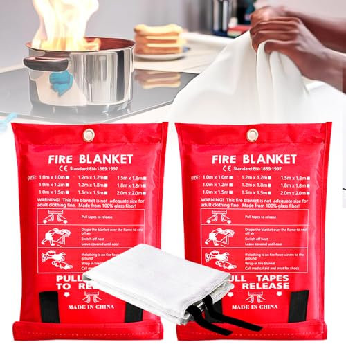 HIULLEN 2 Stück Löschdecke Küche Feuerlöschdecke, 100x100cm Glasfaser Brandschutzdecke, Feuerlöschdecke DIN EN 1869:2019 Fireshield Decke, Löschdecke für Küche, Kamin, Grill, Auto, Camping
