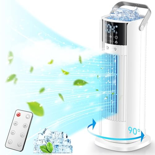 Portable Air Conditioning Tower Fan, 16 Inch Evaporative Air Cooler with Remote Control, 90° Oscillating & 4 Wind Speeds, Cool Mist & 2-10H Timer, Touchscreen Cooling Fan