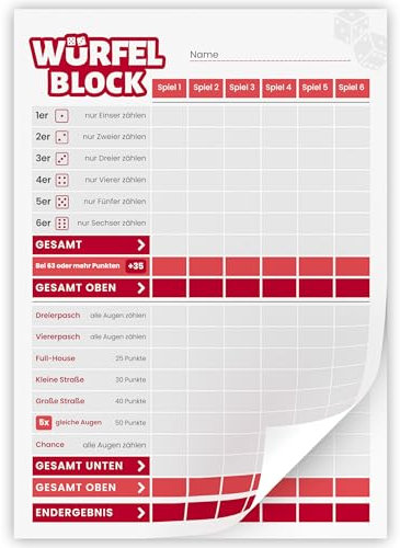 Creative Fox 1 x DIN A5 Würfelspiel Block für Senioren und Kinder - Extra groß | Ersatzblöcke | Knobelblock | Spielblock Made in Germany