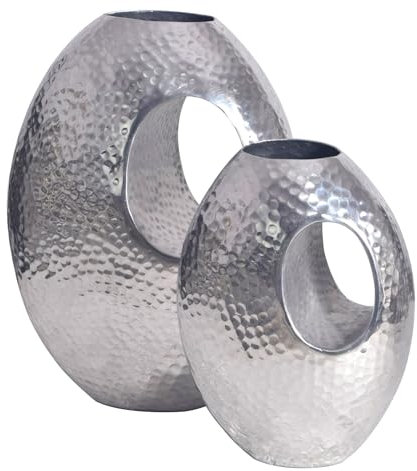 FineBuy Deko Vase 2er Set Aluminium mit Tragegriff Blumenvase Modern, Hammerschlag Dekovase 2-teilig für Blumen, Alu Tischvase Handgefertigt