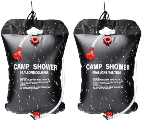 ELLECILA Solar Shower Bag, 2Pack 5 Gallons/20L Portable Camping Shower Bag with Removable Hose & on-Off Switchable Shower Head for Beach Swimming Outdoor Traveling Camping