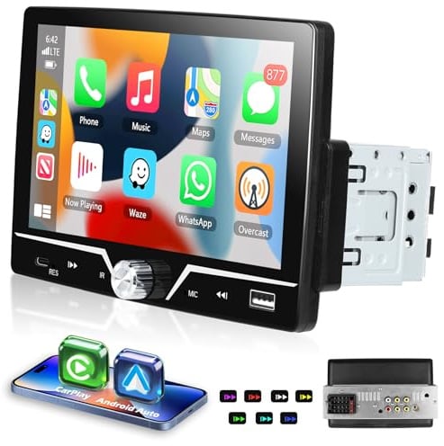 Motorsi 1 Din Autoradio con Wireless Carplay Android Auto, 7 Pollici Touch Screen Bluetooth Car Stereo, Support Type-C/USB/Bluetooth/MirrorLink/FM/Carica/Retroilluminazione colorata