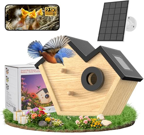 Wood Bird House Feeder with Camera, 2K HD Smart WiFi Bird Cam Solar Powered with LED Light, 32G Card, Bird Box Camera Wireless Outdoor, Wooden Bird Houses for Outside, Gifts for Bird Lovers Women