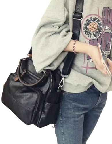 XYNM Handtasche Echte Lederklappen Für Frauen Top Griff Taschen Handgefertigt Vintage Crossbody Bag Geldbörse Echtes Wildleder -Leder -umhängetasche Casual Handtaschen Messenger-schwarz