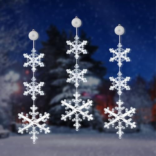 TZQFROCE Weihnachtsbeleuchtung Fenster Innen 3 Stück LED Schneeflocke Weihnachtsbeleuchtung mit Saugnäpfe 2 Modi Weiß Weihnachten Fenster Licht für Weihnachten, Party, Hochzeit, Garten, Balkon