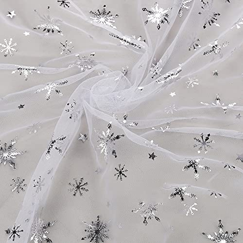 Vayliro 1m x 160cm Tüllstoff Glitzer Schneeflocken Netzstoff Tüll Stoff Dekostoff Meterware Hochzeit Kleiderstoffe Bastelstoffe für DIY Nähen Handwerk Prinzessinnenkleider Tüllrock,Weiß