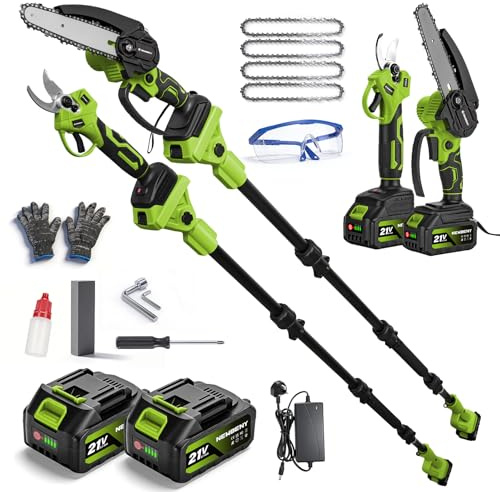 NewBeny Pruning Saw & Electric Pruning Shears, Battery Chainsaw with 2 * 3.0 Ah Battery, 180° Adjustable Electric Chainsaw, 2.4m Pole Saw Long Reach for High & Low Branches Trimming and Cutting