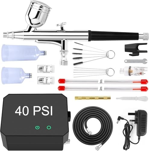Powate Airbrush Kit with Compressor - 40PSI Dual Action Multi-Function Air Brush 3 Modes with 0.2/0.3/0.5 mm Nozzle Portable with 18 Pcs Accessories Crafts Nail Art Tattoos Cake Decorating,Black