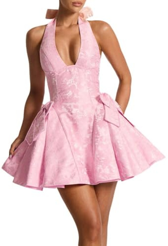 Leader of the Beauty Mini jupe en satin pour femme - Robe de bal courte avec nœud A-Line - Jupes dos nu - Floral Jacquard - Robes de fête