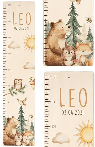 Kidsmood - Personalisierte Messlatte Kinder Holz – Hochwertige Messleiste & Wand-Deko für Baby- & Kinderzimmer mit liebevollem Fröhliche Waldtiere – Tolles Geschenk zur Geburt- (65-140cm)
