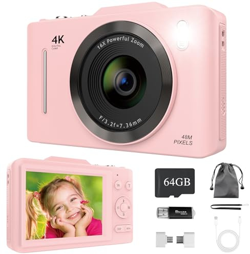 Bemkia 4K Digital Camera 48MP Compact FHD 64GB SD Card with 16X Zoom, Anti-Shake, 2.8 LCD - Portable Vlogging Camera for Kids & Beginners (Pink)