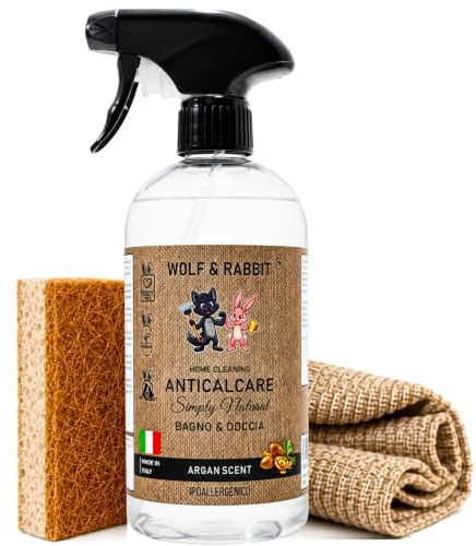 WOLF & RABBIT Anticalcare naturali a base vegetale 500ml kit con Spugna e Panno - Detergente,formula non aggressiva Pet Friendly all'Argan per Doccia,bagno,cucina,Rubinetti e Ceramica - Made in Italy