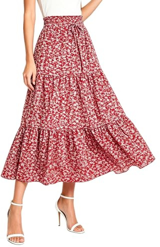 DOINEUFL Womens Skirts Midi Skirt for Women UK Summer Casual Ladies Skirts Elasticated Waist Boho Floral Tiered Ruffle Skirt (UK, Alpha, L, Regular, Regular, Red Floral)