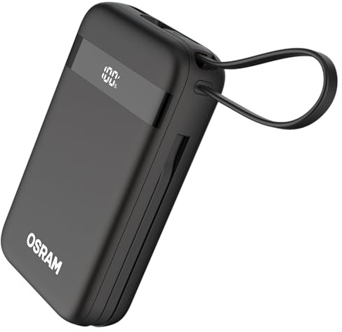 OSRAM Powerbank PowerConnect 200, 20.000 mAh, USB-C, USB-A, integriertes USB-C Kabel, integriertes Lightning Kabel, PD, QC, 30W, Display, 2 Geräte gleichzeitig